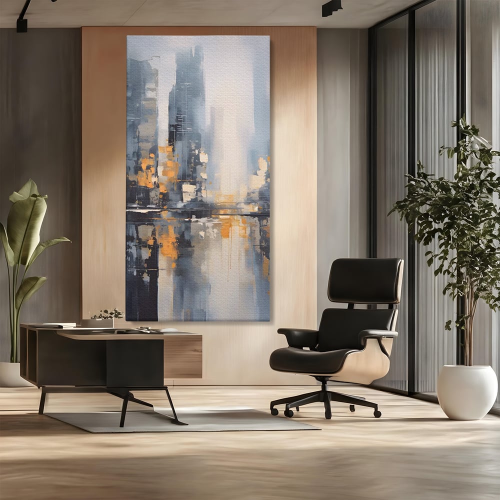 Tablou canvas cu pictura abstracta cu cladiri si reflexii, fara rama, pe sasiu de lemn, pe perete intr-un birou